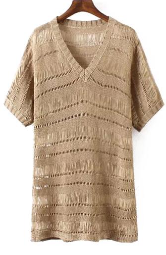 Romwe V Neck Hollow Knit Khaki Dress