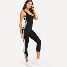 Romwe Open Back Striped Tape Side Jumpsuit