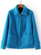 Romwe Lapel Zipper Pockets Blue Coat