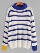 Romwe Color Block Turtleneck Drop Shoulder Striped Sweater