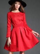 Romwe Red Round Neck Long Sleeve Jacquard Dress