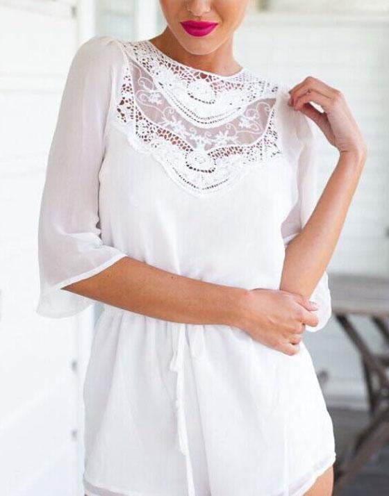 Romwe Lace Insert Open Back Jumpsuit