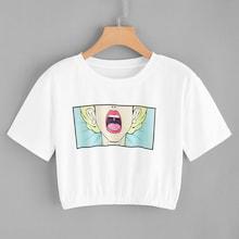 Romwe Elastic Hem Lip Print Crop Tee