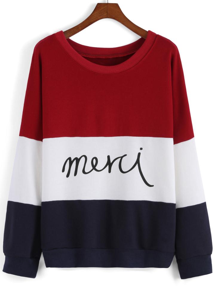 Romwe Color-block Letter Print Sweatshirt