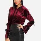 Romwe Velvet Flounce Sleeve Drawstring Hoodie