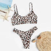 Romwe Leopard Cami Top With High Leg Bikini Set