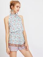 Romwe Tribal Print Tie Halter Open Back Romper