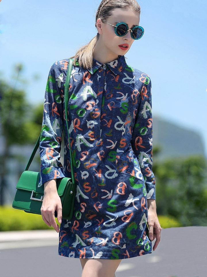 Romwe Multicolor Lapel Length Sleeve Letters Print Denim Dress