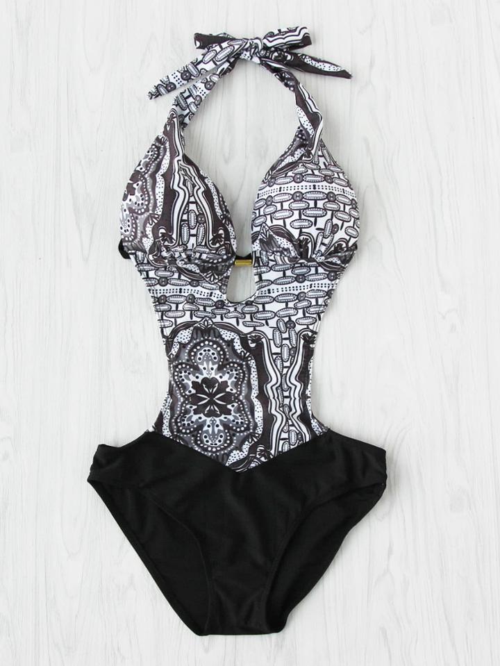 Romwe Mixed Print Halter Monokini