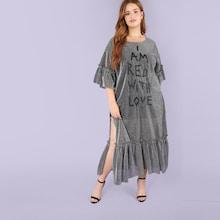 Romwe Plus Letter Print Ruffle Sleeve And Hem Dress