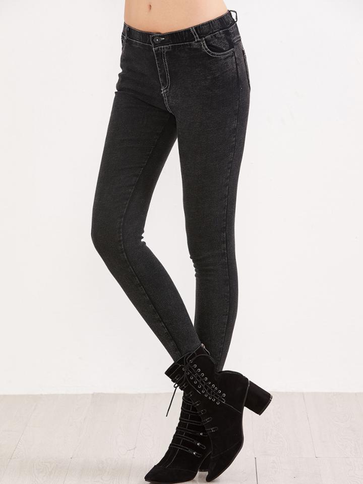 Romwe Black Stretch Pocket Skinny Jeans