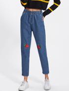 Romwe Strawberry Embroidered Elastic Jeans