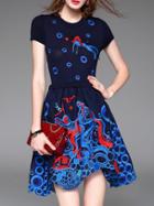 Romwe Navy Embroidered Knit Asymmetric Combo Dress
