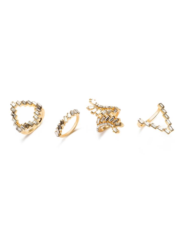 Romwe Multi Modelling Gold Plated Gem Inlay Ring Set