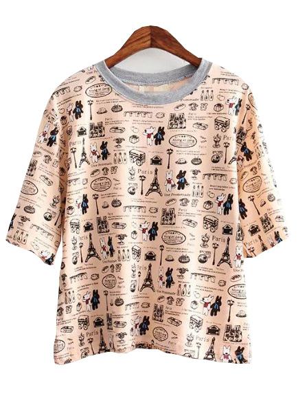 Romwe Rabbit Print Pink T-shirt