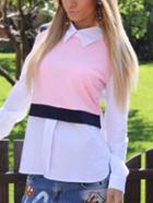 Romwe Pink Shirt Collar Blouse With Contrast Trims