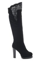 Romwe Lace Panel Black Heel Thigh Boots