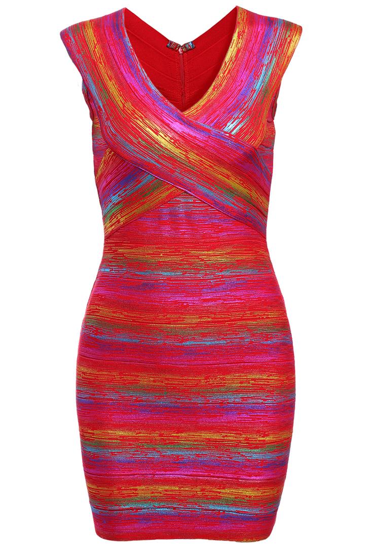Romwe Cross V Neck Multi Color Dress