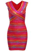 Romwe Cross V Neck Multi Color Dress