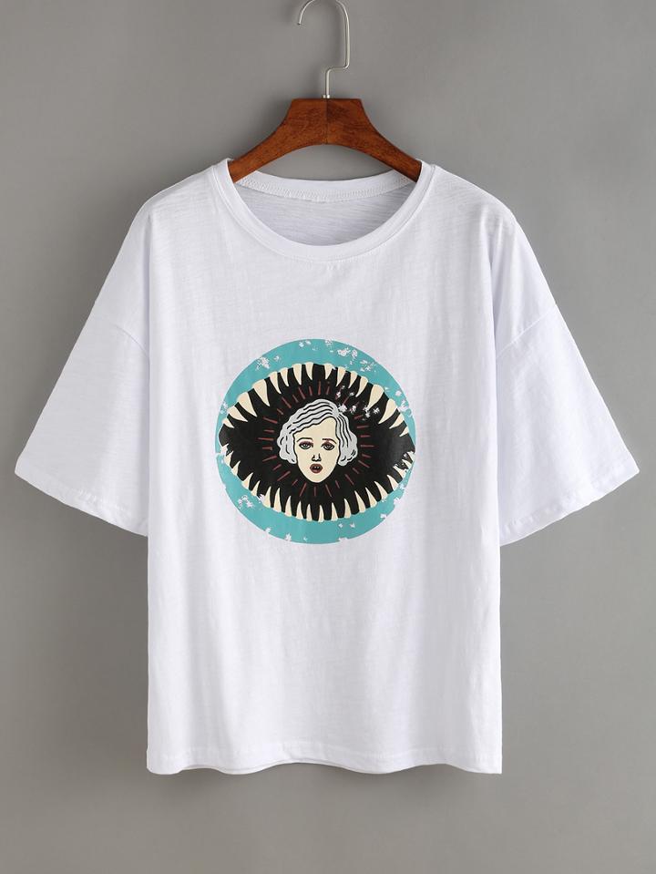 Romwe Cartoon Portrait Print T-shirt