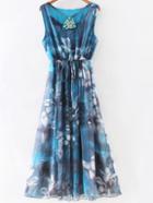 Romwe Blue Gem Beadings Flower Print Tie Waist Maxi Dress