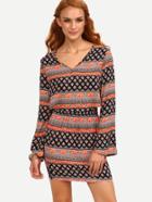 Romwe Multicolor Tribal Print Long Sleeve Top With Skirt