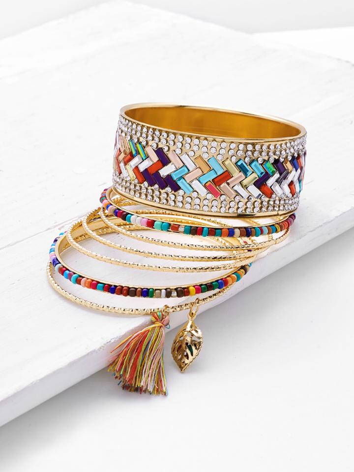 Romwe Rhinestone & Tassel Decorated Bracelet Set