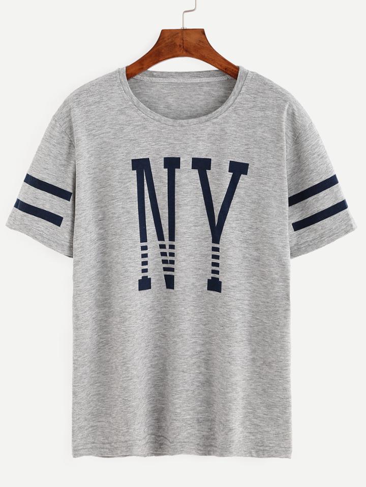 Romwe Grey Varsity Striped Letter Print T-shirt