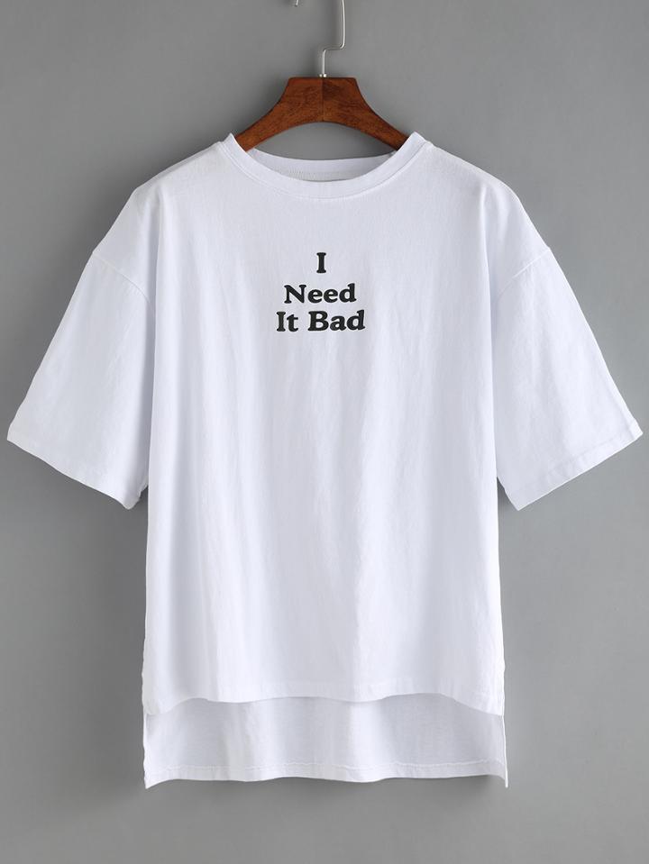 Romwe Letter Print High Low T-shirt