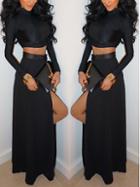 Romwe Long Sleeve Crop Top With Slit Black Skirt