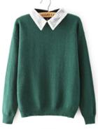 Romwe Lace Lapel Loose Green Sweater