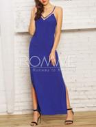 Romwe Blue Spaghetti Strap High Side Split Maxi Dress