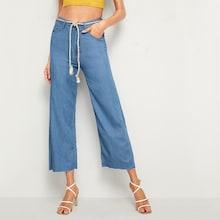 Romwe Rope Belted Wide Leg Crop Jeans