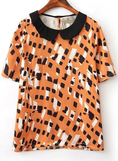 Romwe Yellow Lapel Short Sleeve Geometric Print Blouse