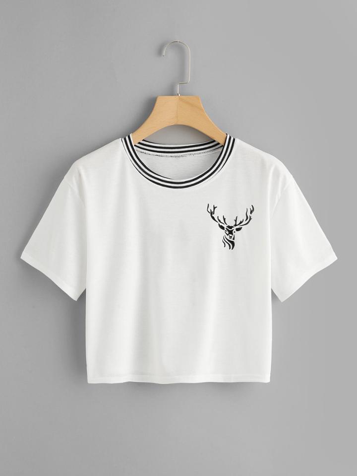 Romwe Striped Neck Animal Print Crop Tee