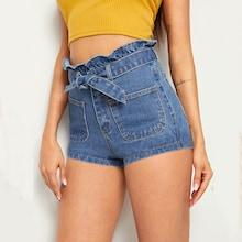 Romwe Paperbag Waist Belted Skinny Mini Denim Shorts