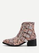 Romwe Buckle Decorated Snakeskin Print Pu Ankle Boots