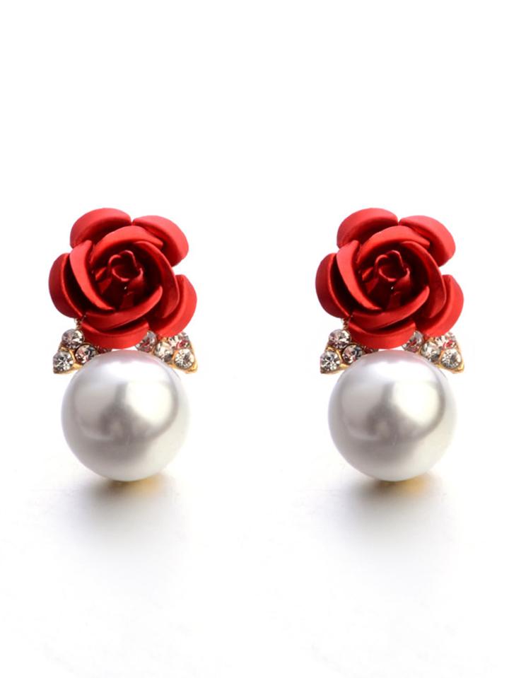 Romwe Rose & Faux Pearl Design Stud Earrings