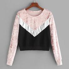 Romwe Metallic Contrast Stripe Crop Velvet Sweatshirt