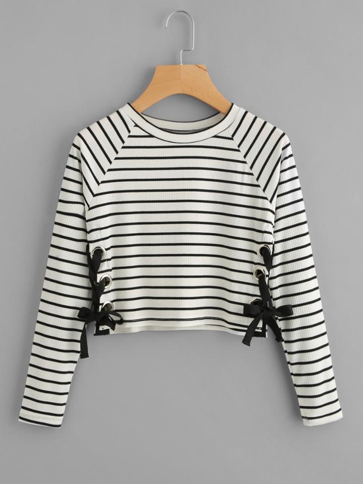 Romwe Striped Eyelet Lace Up Side Tee