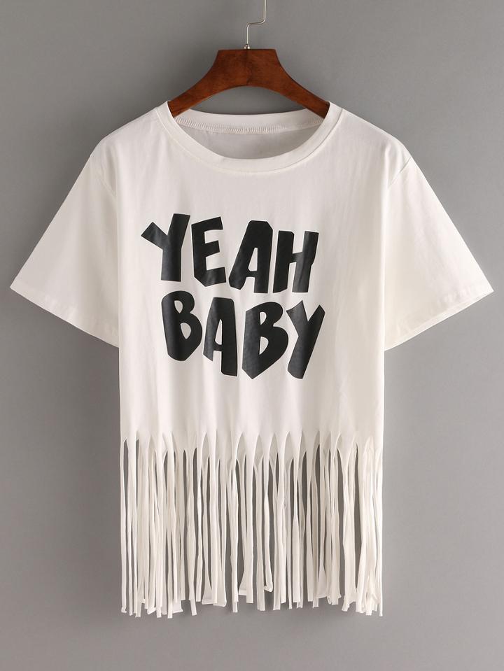Romwe Letter Print Fringe T-shirt - White