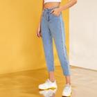 Romwe Contrast Panel Button Fly Crop Jeans