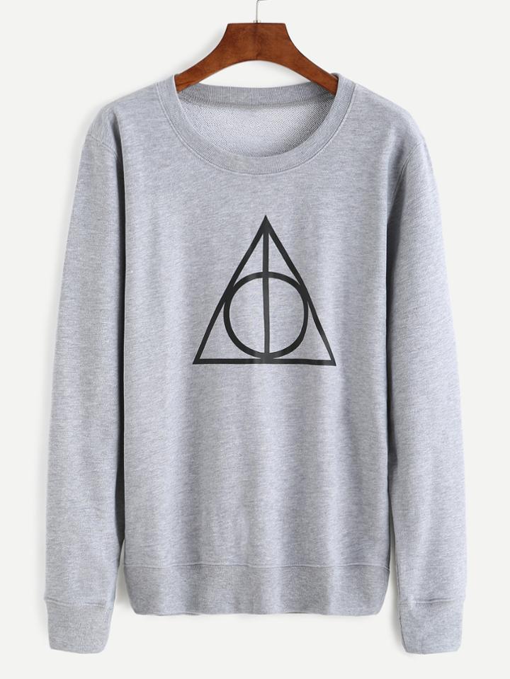 Romwe Grey Geometric Print Round Neck Long Sleeve Sweatshirt