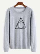 Romwe Grey Geometric Print Round Neck Long Sleeve Sweatshirt