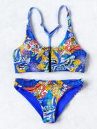 Romwe Mixed Print Zipper Up Bikini Set