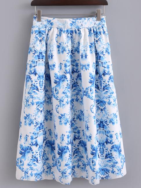 Romwe Blue And White Floral Pocket Pleated Skirt