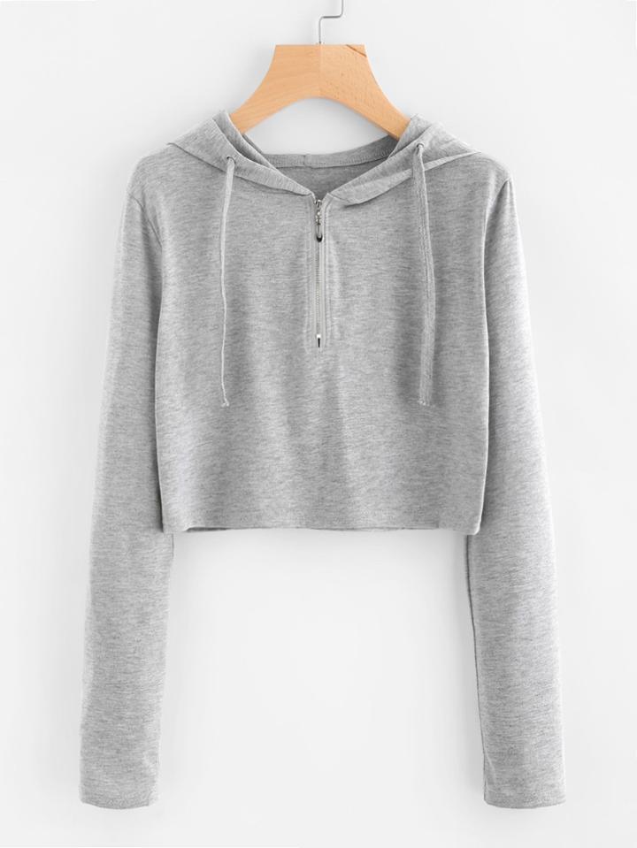 Romwe Hooded Zipper Up Marled Crop Tee