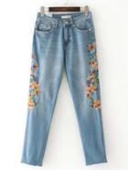 Romwe Embroidered Flower Raw Cuff Jeans