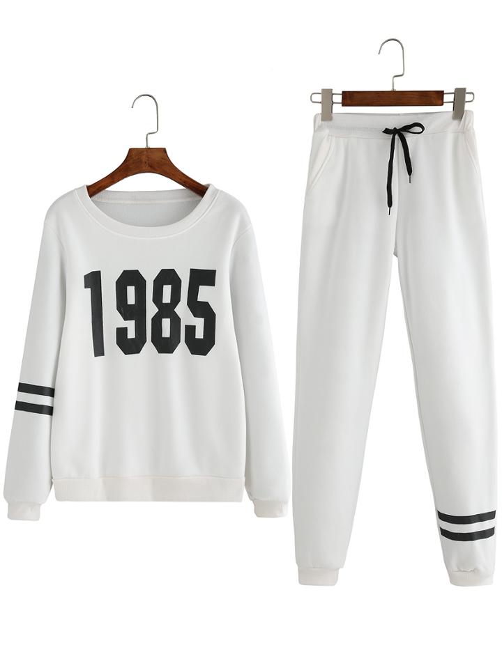 Romwe Letter Print Top With Drawstring Pant