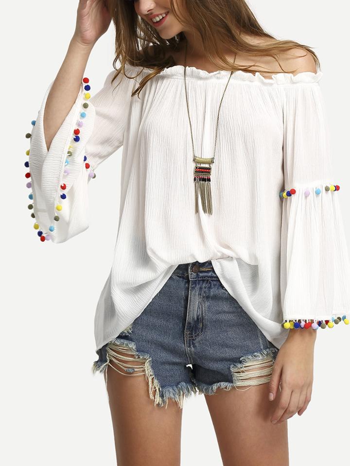 Romwe Off The Shoulder Colored Pompom Trim Blouse